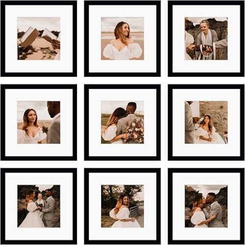 12x12 Picture Frame Set of 9, Display Pictures 8x8 with Mat or 12x12 without Mat, Multi Collage Gallery Square Photo Frames for Wall or Tabletop,...
