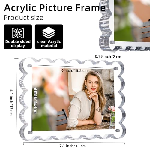 3 Pack Acrylic Picture Frame: 4x6inch Magnetic Picture Frames, Double Sided Magnet Frames,10+10mm Thick Block, Clear Photo Scalloped Frames...
