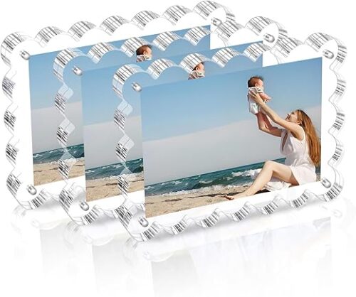 3 Pack Acrylic Picture Frame: 4x6inch Magnetic Picture Frames, Double Sided Magnet Frames,10+10mm Thick Block, Clear Photo Scalloped Frames...
