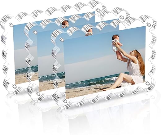 3 Pack Acrylic Picture Frame: 4x6inch Magnetic Picture Frames, Double Sided Magnet Frames,10+10mm Thick Block, Clear Photo Scalloped Frames...