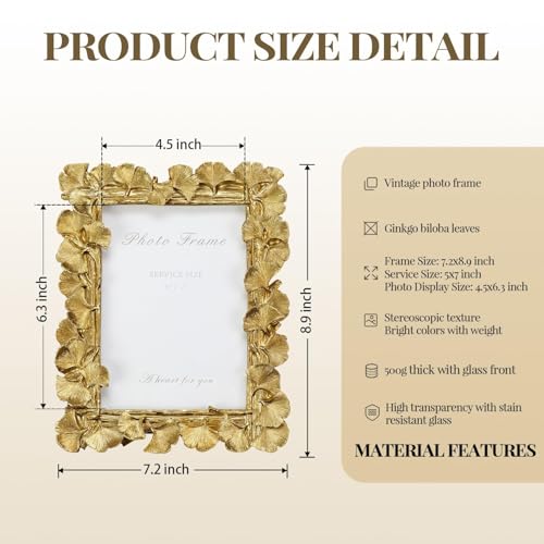 5x7 Picture Frame Vintage Gold Frames, Ornate Leaf Textured Hand-Crafted Resin with Glass Front, Gold Picture Frames for Tabletop Display, Retro...
