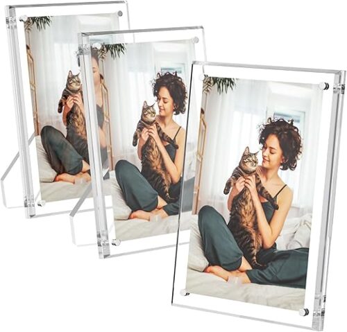 AITEE 5x7 Acrylic Picture Frames 3 Pack, Clear Picture Frames with Stand, Magnetic Frame Acrylic Lucite Frameless Transparent Cubes Floating Gift...