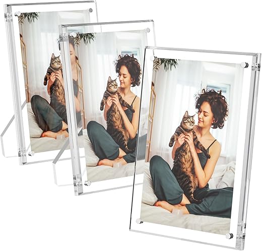 AITEE 5x7 Acrylic Picture Frames 3 Pack, Clear Picture Frames with Stand, Magnetic Frame Acrylic Lucite Frameless Transparent Cubes Floating Gift...