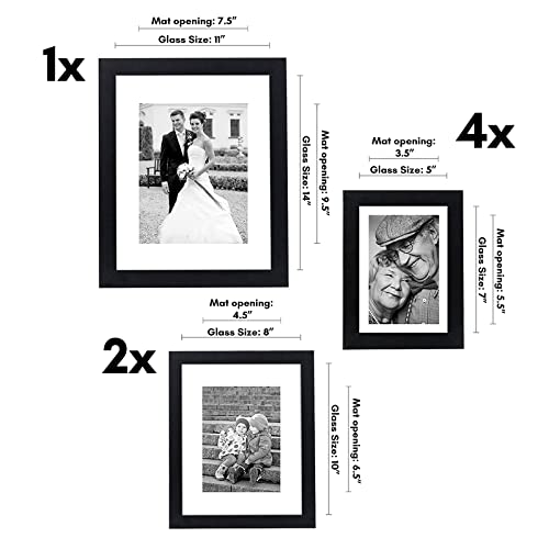 Americanflat Set of 7 Picture Frames with Shatter-Resistant Glass - Gallery Wall Frame Set with One 11x14 Frame, Two 8x10 Frames, and Four 5x7...