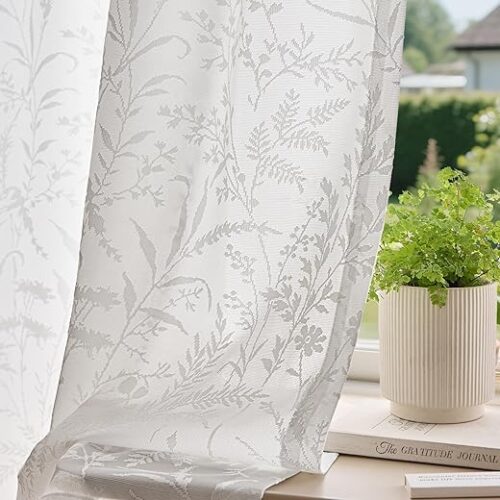 Anmao White Semi Sheer Non-See-Through Curtains 84 Inches Long 2 Panels, Leaf Pattern Drapes for Living Room Bedroom, Rod Pocket Light Filtering...