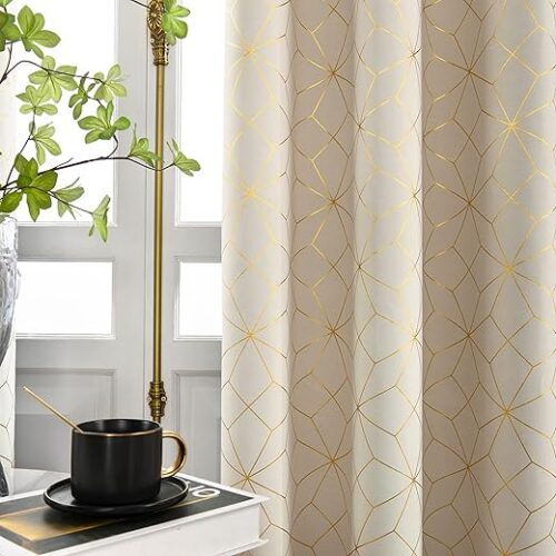 Beauoop 100% Blackout Curtains 84 Inches Long for Bedroom Living Room Moroccan Gold Patterned Drapes Thermal Insulated Grommet Top Window Treatment...