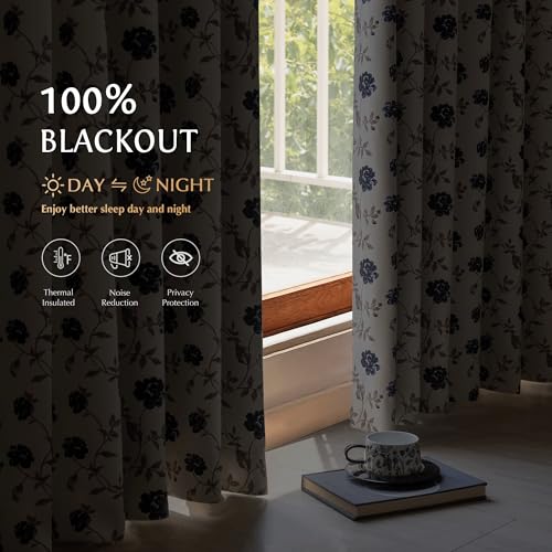 Beauoop Blue Floral 100% Blackout Curtains 84 Inches Long 2 Panels for Bedroom Living Room Vintage Rose Flower Patterned Room Darkening Thermal...
