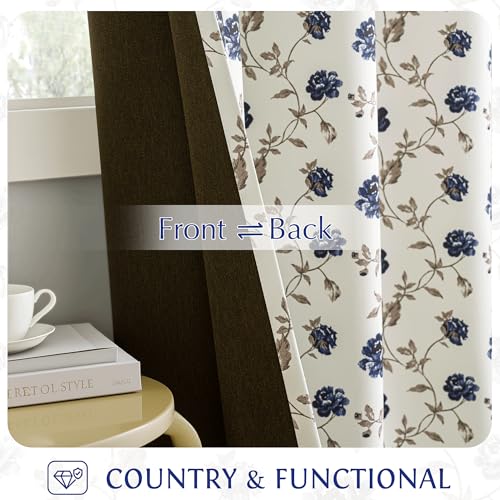 Beauoop Blue Floral 100% Blackout Curtains 84 Inches Long 2 Panels for Bedroom Living Room Vintage Rose Flower Patterned Room Darkening Thermal...