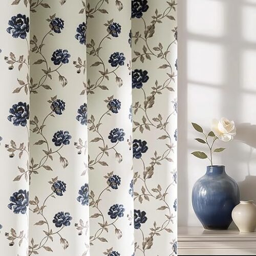Beauoop Blue Floral 100% Blackout Curtains 84 Inches Long 2 Panels for Bedroom Living Room Vintage Rose Flower Patterned Room Darkening Thermal...