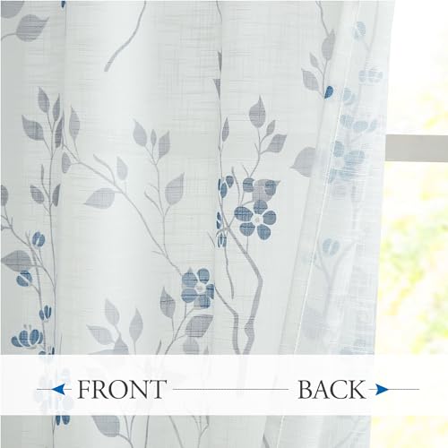 Beauoop Floral linen Semi Sheer Curtains 63 Inch Length 2 Panels for Living Room Bedroom Blue Grey Farmhouse Flower Patterned Light Filtering...