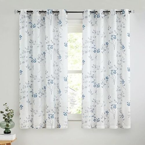 Beauoop Floral linen Semi Sheer Curtains 63 Inch Length 2 Panels for Living Room Bedroom Blue Grey Farmhouse Flower Patterned Light Filtering...