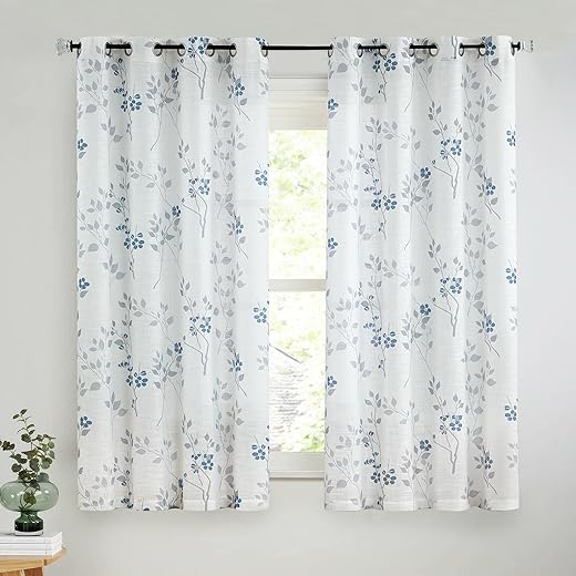 Beauoop Floral linen Semi Sheer Curtains 63 Inch Length 2 Panels for Living Room Bedroom Blue Grey Farmhouse Flower Patterned Light Filtering...