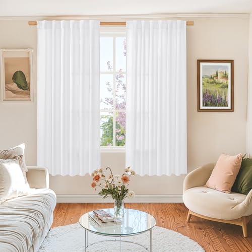 BGment White Linen Curtains 63 Inch Length 2 Panels - Rod Pocket Semi Sheer Drapes Light Filtering Textured Window Treatments for Living Room...