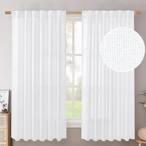 BGment White Linen Curtains 63 Inch Length 2 Panels - Rod Pocket Semi Sheer Drapes Light Filtering Textured Window Treatments for Living Room...