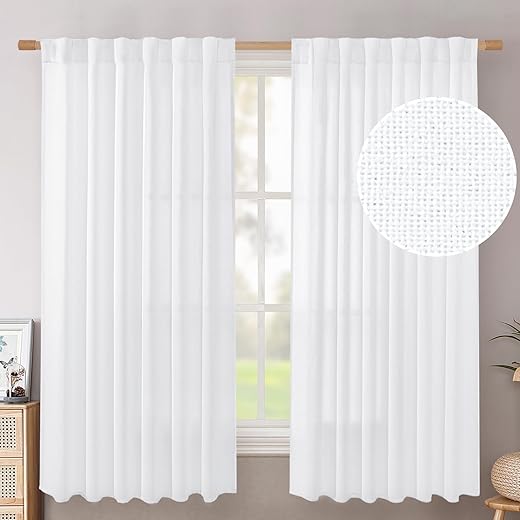 BGment White Linen Curtains 63 Inch Length 2 Panels - Rod Pocket Semi Sheer Drapes Light Filtering Textured Window Treatments for Living Room...