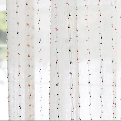 Faux Linen Colorful Pom Pom Sheer Curtains for Kids Room Embroidered Light Filtering Voile Drapes Rod Pocket Window Curtain Vintage Window...