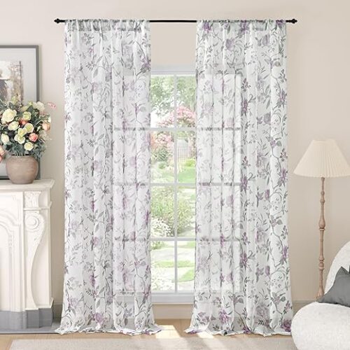 Floral Sheer Curtains 84 Inch Length 2 Panels, Vintage Farmhouse Light Filtering Privacy Semi-Sheer Linen Lavender Curtains for Bedroom Living...