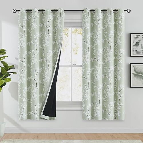 FMFUNCTEX 100% Blackout Floral Curtains for Bedroom, Sage Green Curtains 63 inch Length Blossom Patterned for Living Room, Thermal Insulated...