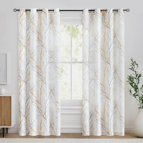 FMFUNCTEX Linen Semi Sheer Curtains for Bedroom, Yellow White Curtains 84 Inches Long for Living Room, Grey Tree Branch Print Curtain Light...