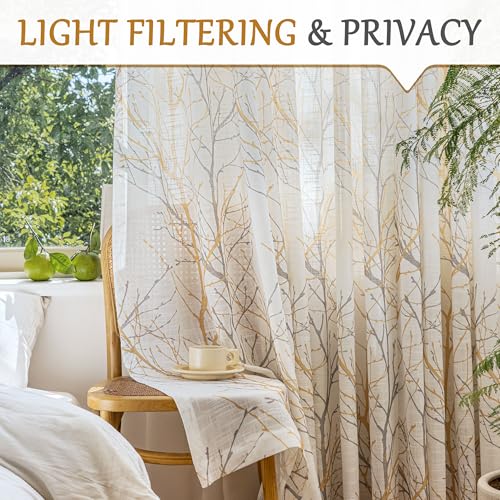 FMFUNCTEX Linen Semi Sheer Curtains for Bedroom, Yellow White Curtains 84 Inches Long for Living Room, Grey Tree Branch Print Curtain Light...