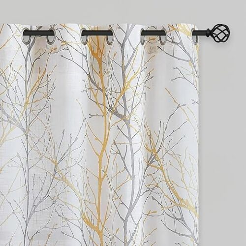 FMFUNCTEX Linen Semi Sheer Curtains for Bedroom, Yellow White Curtains 84 Inches Long for Living Room, Grey Tree Branch Print Curtain Light...