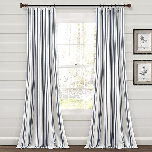Lush Decor Farmhouse Stripe Yarn Dyed Cotton Window Curtain Panel Pair, 42" W x 84" L, Navy - Classic Modern Rustic Charm - Eco Friendly Cotton...