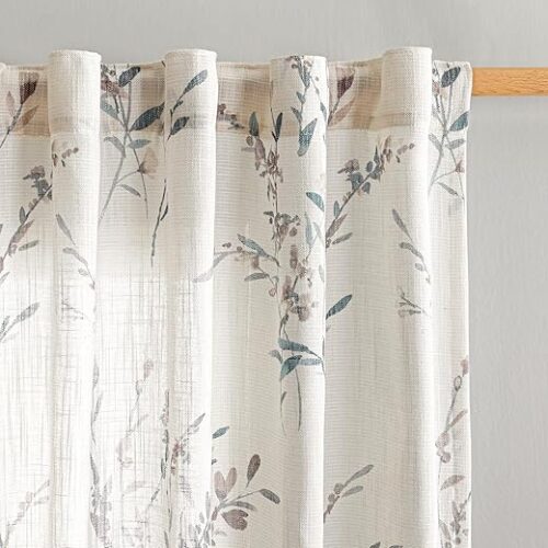 MYSKY HOME Sheer Floral Curtains for Living Room 95 Inch Long Linen Look Vertical Drapes Bedroom Light Filtering Privacy Added Farmhouse Style...