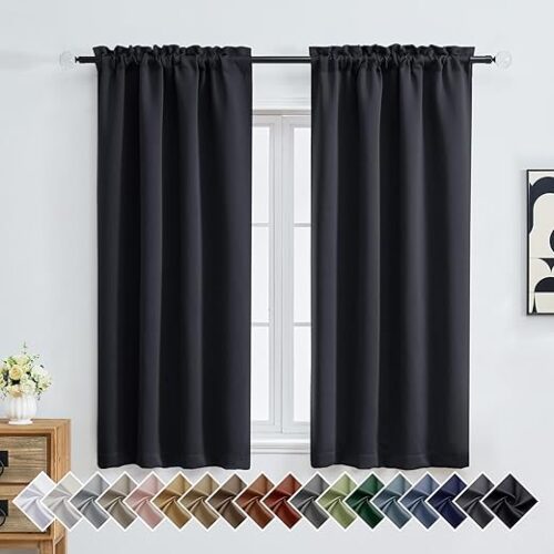 OVZME Black Blackout Curtains for Bedroom 63 Inch Length 2 Panels, Protect Privacy Thermal Insulated Solid Curtains for Bedroom, Dual Rod Pocket...