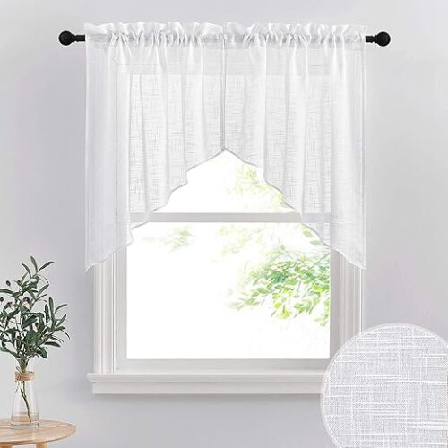 RYB HOME Short Kitchen Valances and Curtain Set, Privacy White Linen Swag Curtains, Semi Sheer Bathroom Tiers for Small Windows, 36 x 36 inch, 1 Pair