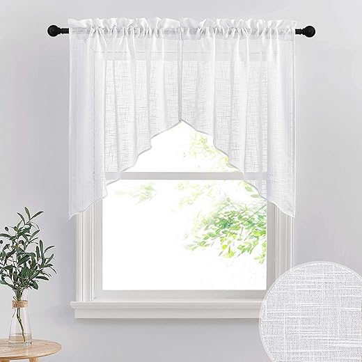 RYB HOME Short Kitchen Valances and Curtain Set, Privacy White Linen Swag Curtains, Semi Sheer Bathroom Tiers for Small Windows, 36 x 36 inch, 1 Pair
