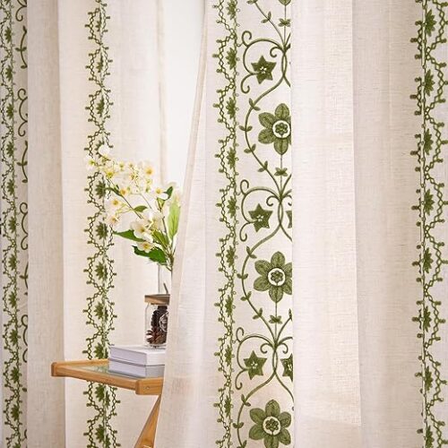 Sage Green Boho Curtains 2 Panels for Living Room Vintage Floral Linen Curtains 84 Inches Long for Bedroom Farmhouse Patterned Drapes Embroidered...