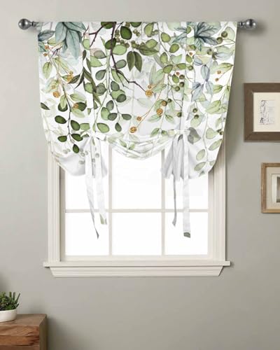 Tie Up Curtain for Windows,Green Eucalyptus Leaves Watercolor Botanical on White Balloon Rod Pocket Curtains Tie-up Valance for Kitchen...