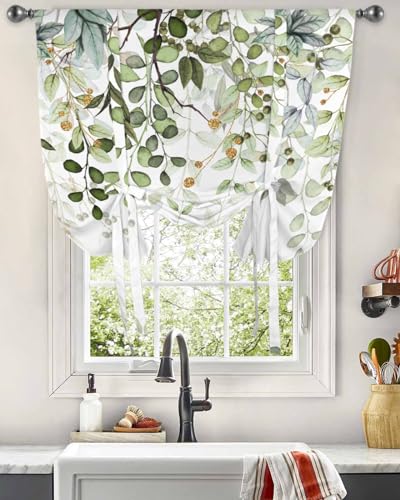 Tie Up Curtain for Windows,Green Eucalyptus Leaves Watercolor Botanical on White Balloon Rod Pocket Curtains Tie-up Valance for Kitchen...