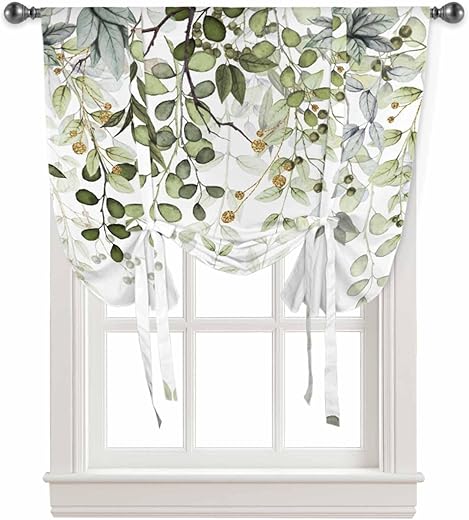 Tie Up Curtain for Windows,Green Eucalyptus Leaves Watercolor Botanical on White Balloon Rod Pocket Curtains Tie-up Valance for Kitchen...