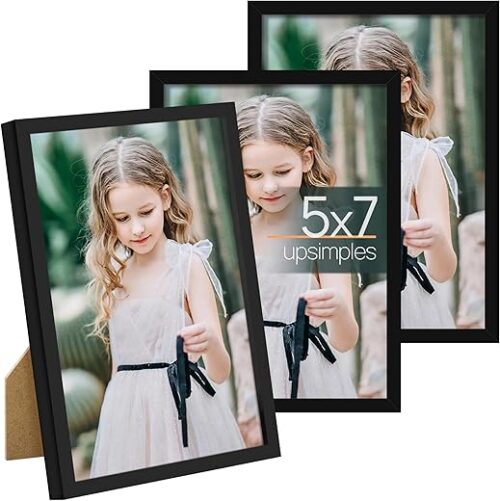 upsimples 5x7 Picture Frame Set of 3, Made of High Definition Glass for 5 x 7 Black Frames, Wall and Tabletop Display Thin Border Photo Frame for...