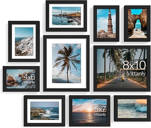 Vittanly 10 Pack Picture Frames Collage Wall Decor, Gallery Wall Frame Set for Wall or Tabletop Display, Engineered Wood and Shatter-resistant...