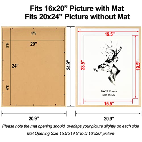 Yaetm 20x24 Picture Frame with Mat for 16x20 Set of 4, Natural Solid Oak Wood Frame for Wall Gallery, Photos, Posters & Art Prints, Horizontal and...