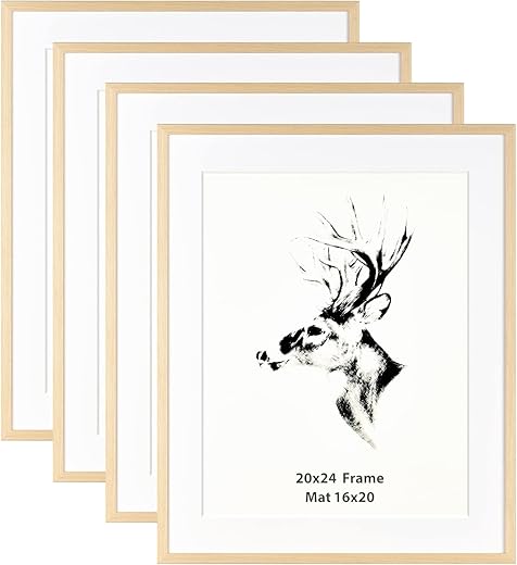 Yaetm 20x24 Picture Frame with Mat for 16x20 Set of 4, Natural Solid Oak Wood Frame for Wall Gallery, Photos, Posters & Art Prints, Horizontal and...