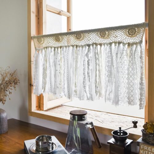 YJ YANJUN Boho Valances for Windows Handmade Cotton Crochet Lace Valance for Living Room Hollow Cafe Curtains 16 Inch Long Macrame Kitchen Curtain...